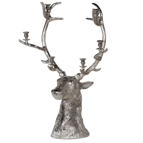 Stag Silver Candelabra 91 cm – Aluminium Deer Sculpture for 6 Candles