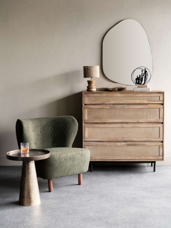 Fotel Lariat Green zielona tkanina boucle dekoracyjny fotel z oparciem