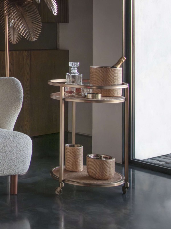 Brass Rattan Drinks Trolley with Two Glass Shelves and Wheels