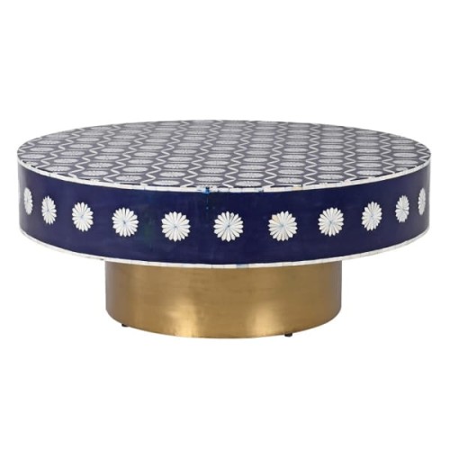 Belize Blue Round Bone Inlay Coffee Table, 100 cm – Black, White and Gold Geometric Design
