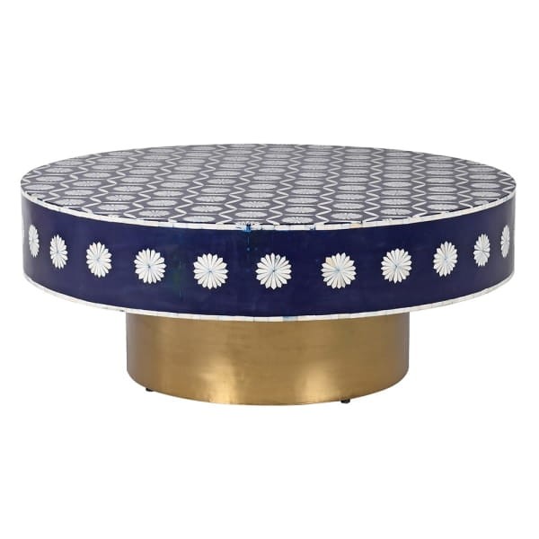 Belize Blue Round Bone Inlay Coffee Table, 100 cm – Black, White and Gold Geometric Design
