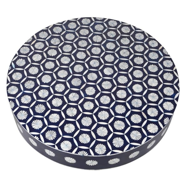 Belize Blue Round Bone Inlay Coffee Table, 100 cm – Black, White and Gold Geometric Design