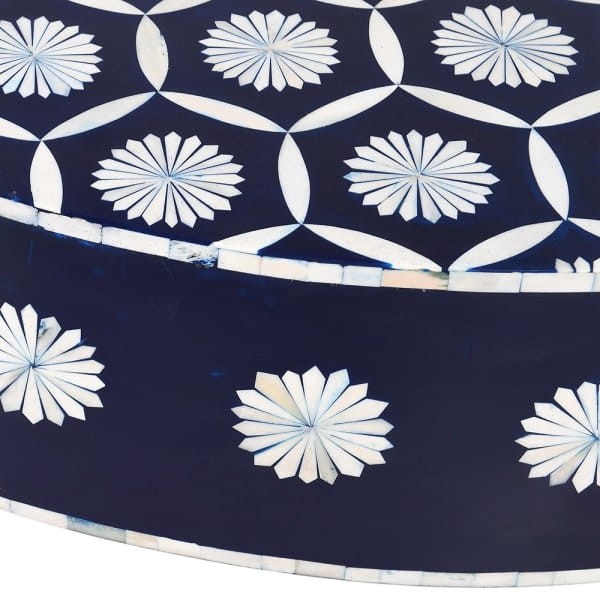 Belize Blue Round Bone Inlay Coffee Table, 100 cm – Black, White and Gold Geometric Design