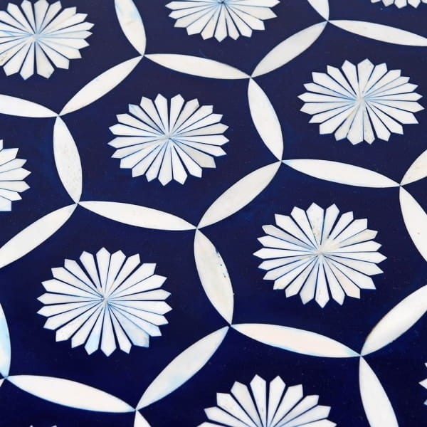 Belize Blue Round Bone Inlay Coffee Table, 100 cm – Black, White and Gold Geometric Design