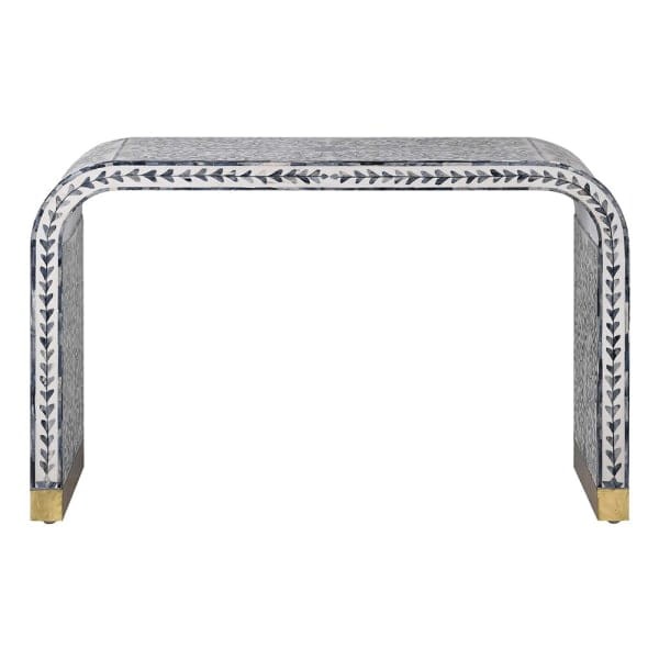 White and grey bone inlay console table with brass details