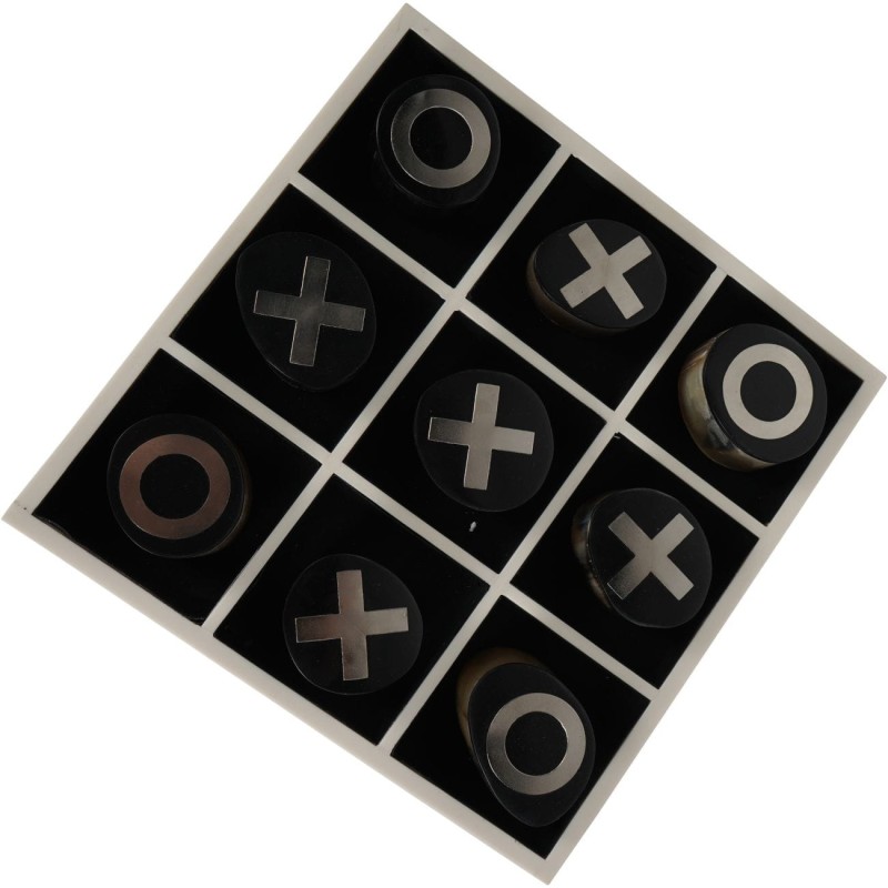 Brass noughts and crosses pieces on a square board