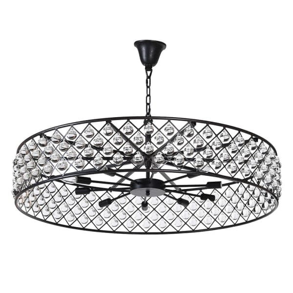 Large black round chandelier with clear glass globes for an elegant living room
