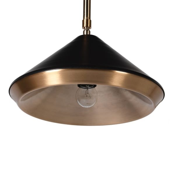 Black metal floor lamp with curved brass stem and conical shade