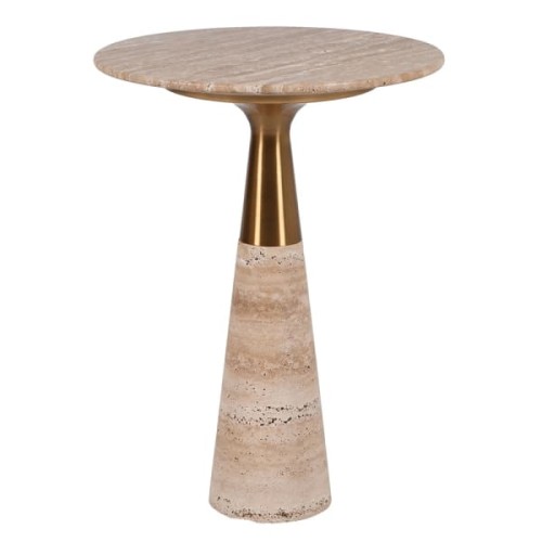 Noel Travertine Side Table 56cm – Round Stone Table with Gold Detail