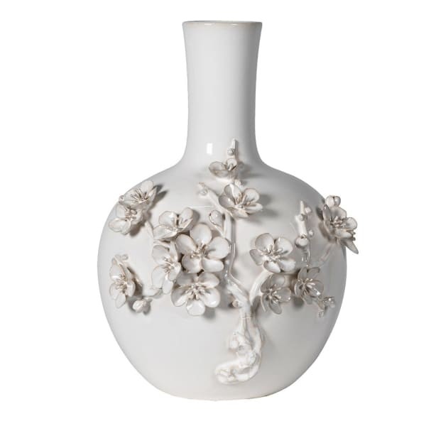 Light grey stoneware vase 30 cm with blossom relief