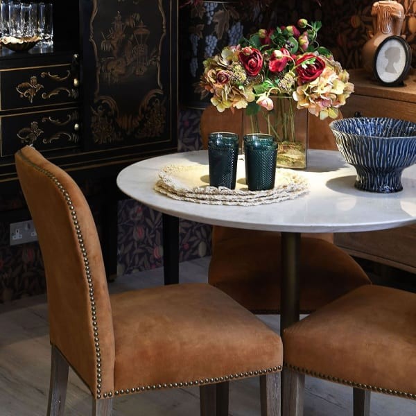 Gold velvet dining chair with oak legs