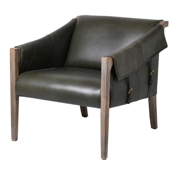 Dark grey vintage leather armchair with decorative buckle details
