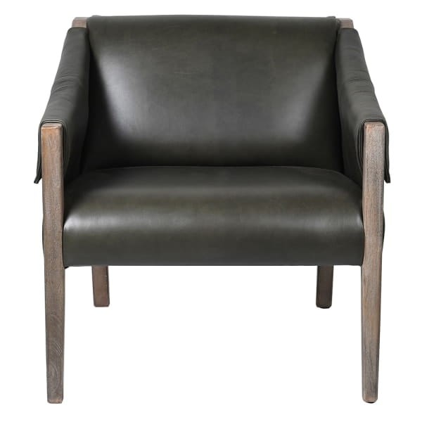 Dark grey vintage leather armchair with decorative buckle details