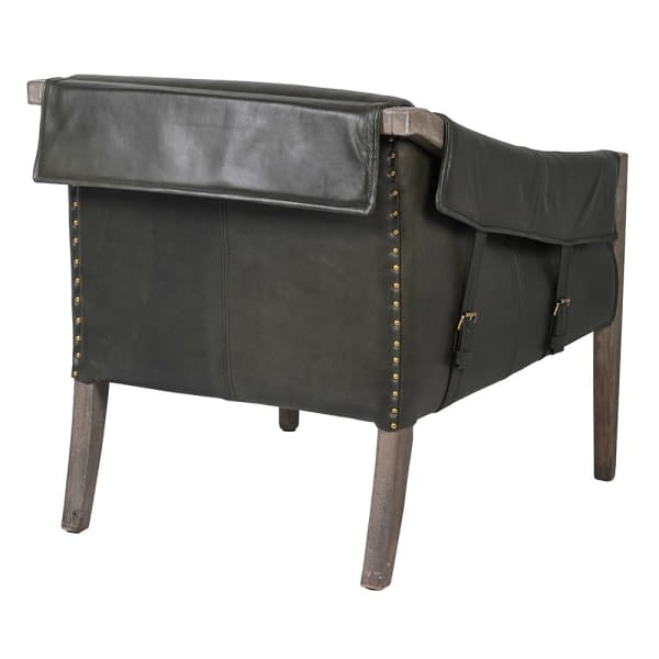 Dark grey vintage leather armchair with decorative buckle details