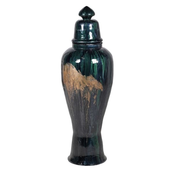 Tall Floor Vase 115cm – Iron Decorative Vase with Lid | Gold Green Navy