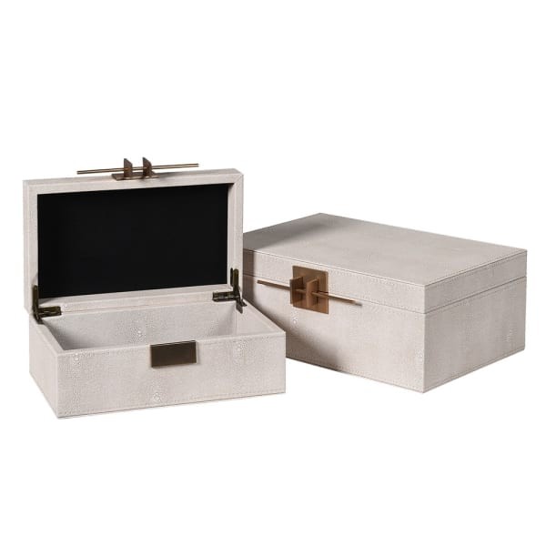 Decorative storage boxes finished in ivory faux leather