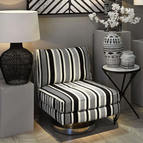 Black and White Swivel Armchair with Gold Base