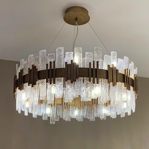 Żyrandol Saiph 80 cm średnicy antyczne złoto teksturowane szkło