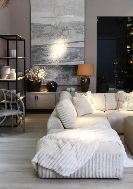 Corner Modular Sofa Set in Cream Corduroy Velvet Five Piece Configuration