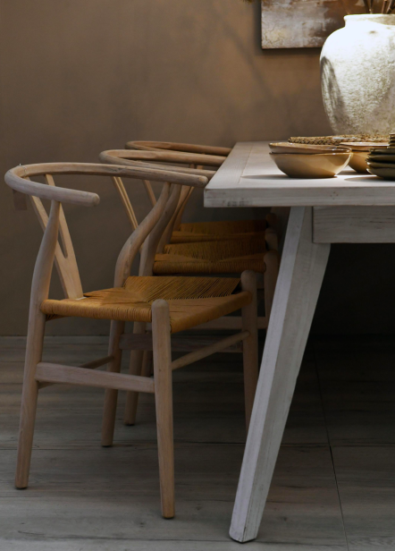 Boho dining chair in light oak with woven rope seat