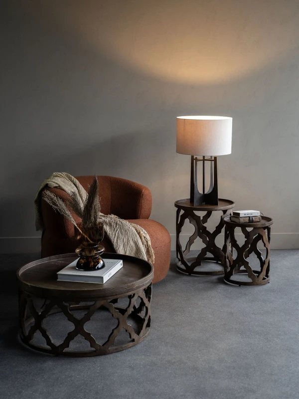 Black iron table lamp with light linen shade