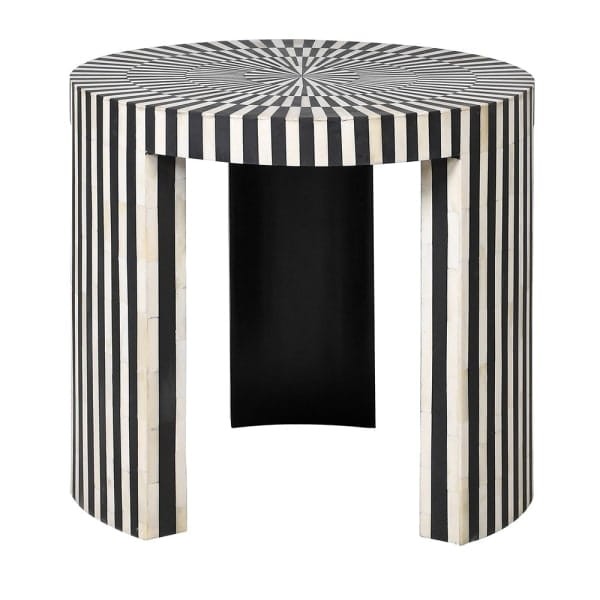 Kinnerton Round Side Table – 55 cm Black and White Striped Bone Inlay with Resin Finish