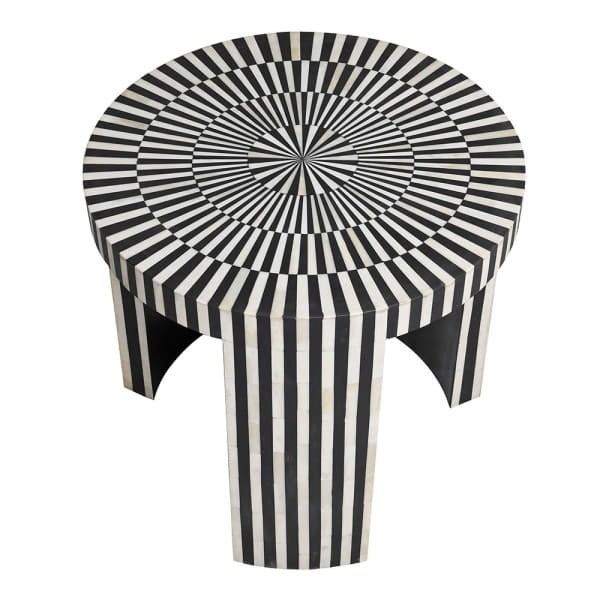 Kinnerton Round Side Table – 55 cm Black and White Striped Bone Inlay with Resin Finish