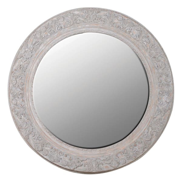 120 cm Round Paulownia Wood-Framed Mirror with Ornate Detailing