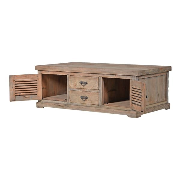 Garda Pine 140 cm Reclaimed Pine Wood Coffee Table with Drawers and Cabinets
