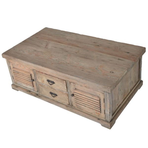 Garda Pine 140 cm Reclaimed Pine Wood Coffee Table with Drawers and Cabinets