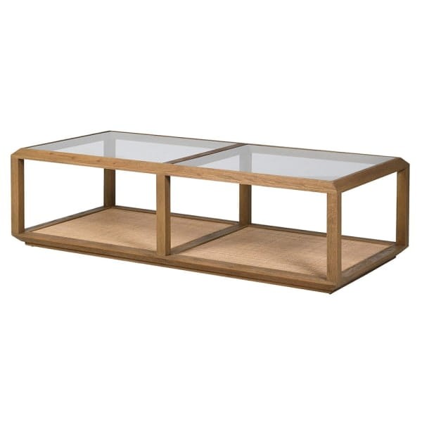 Oak Squares Oak Coffee Table with Glass Top and Woven Rattan Shelf, 150cm