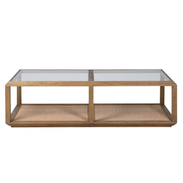 Oak Squares Oak Coffee Table with Glass Top and Woven Rattan Shelf, 150cm