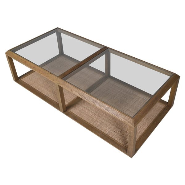 Oak Squares Oak Coffee Table with Glass Top and Woven Rattan Shelf, 150cm