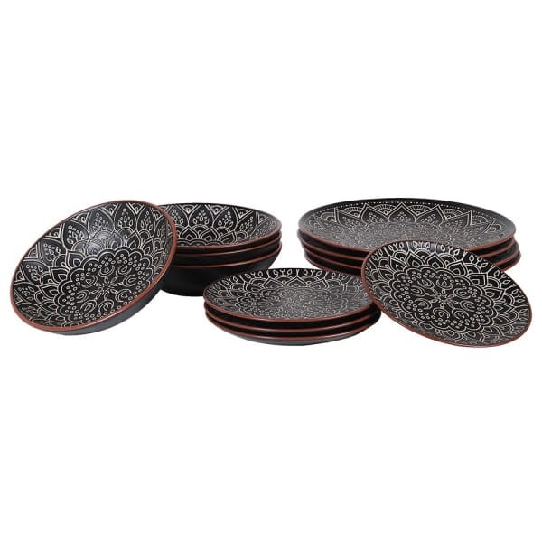 Mandala Dark 12-Piece Stoneware Plates and Bowls Set