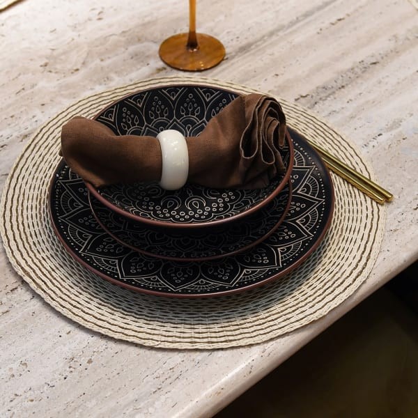Mandala Dark 12-Piece Stoneware Plates and Bowls Set