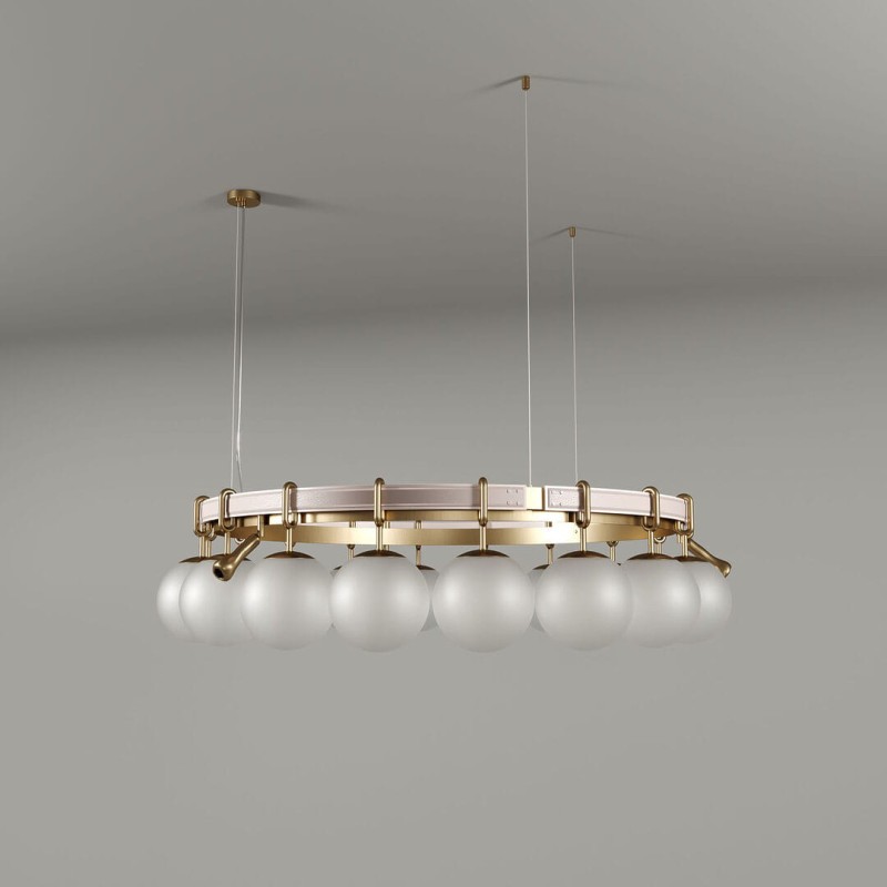 Pearls Chandelier by Creativemary – 140 cm diameter, brass, glass globes, and genuine leather
