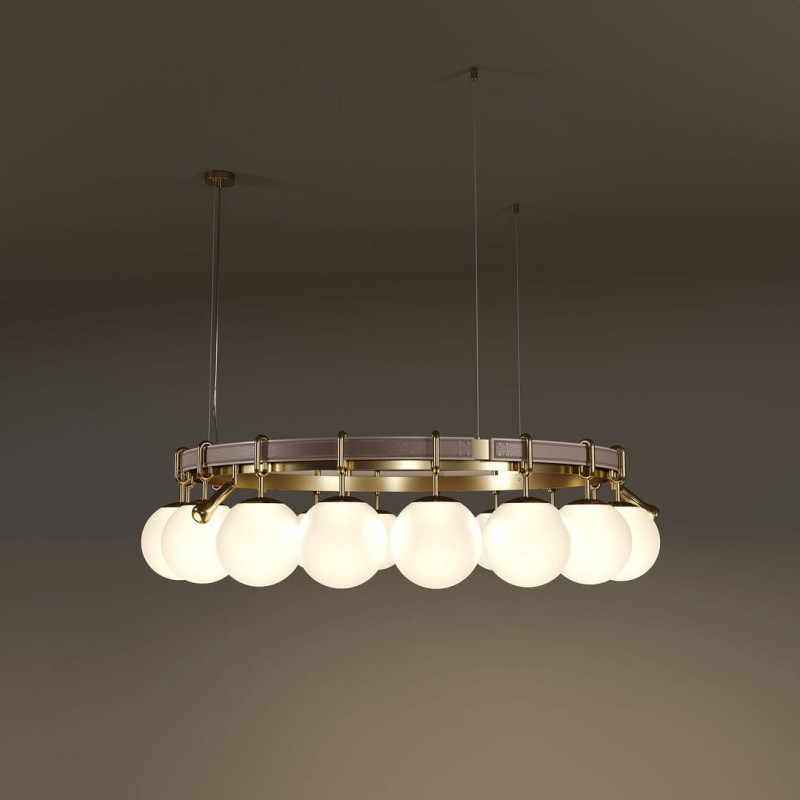 Pearls Chandelier by Creativemary – 140 cm diameter, brass, glass globes, and genuine leather