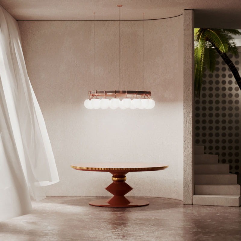 Pearls Chandelier by Creativemary – 140 cm diameter, brass, glass globes, and genuine leather