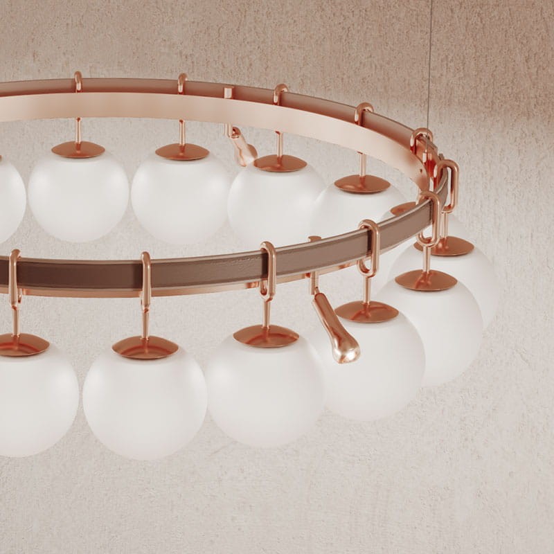Pearls Chandelier by Creativemary – 140 cm diameter, brass, glass globes, and genuine leather