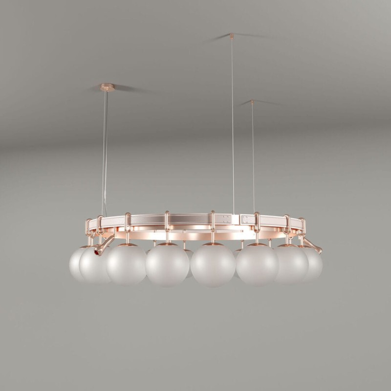 Pearls Chandelier by Creativemary – 140 cm diameter, brass, glass globes, and genuine leather
