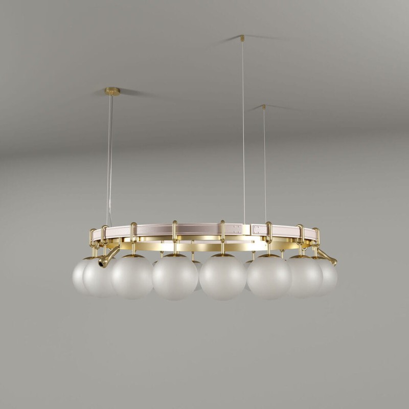 Pearls Chandelier by Creativemary – 140 cm diameter, brass, glass globes, and genuine leather