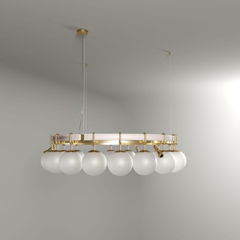 Pearls Chandelier by Creativemary – 140 cm diameter, brass, glass globes, and genuine leather