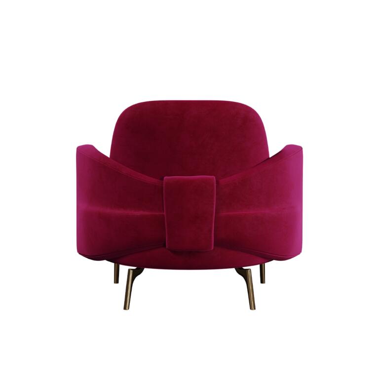 Marilyn Velvet Armchair by Ottiu with Gold Brass Legs and Bow Detail on the Backrest