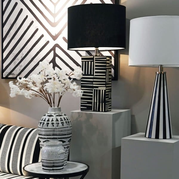 Kinnerton Block black and white bone inlay table lamp with linen shade