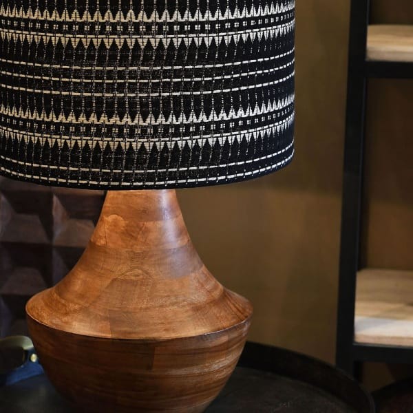 District Mango Table Lamp 67 cm with mango wood base and hand-embroidered linen shade