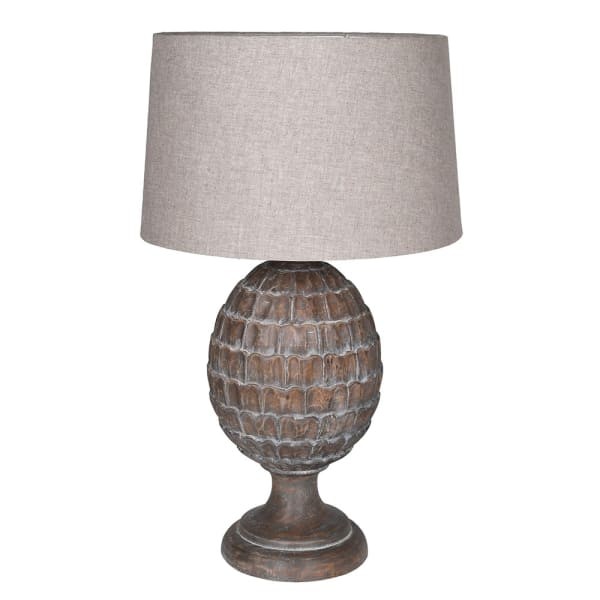 Large mango wood table lamp with carved artichoke design