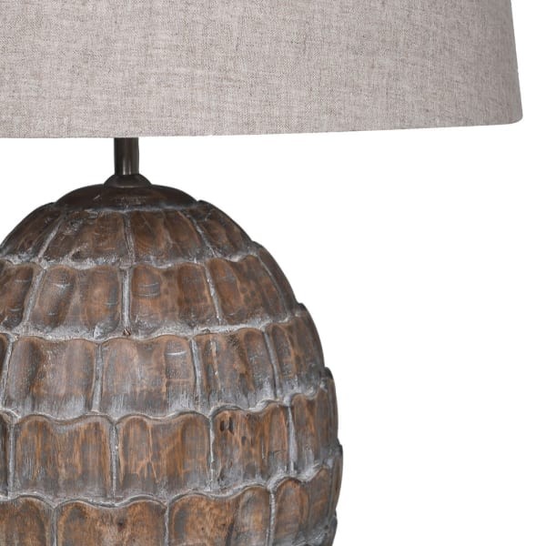 Large mango wood table lamp with carved artichoke design