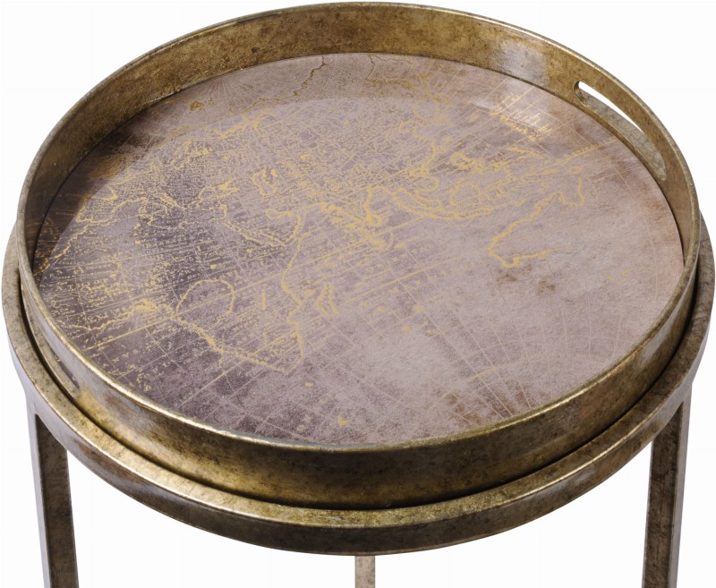 Burton Antique Gold Round Side Tables with Tray Set of two