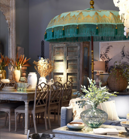 Hand-Painted Oriental Garden Parasol, 188 cm, Blue and Gold