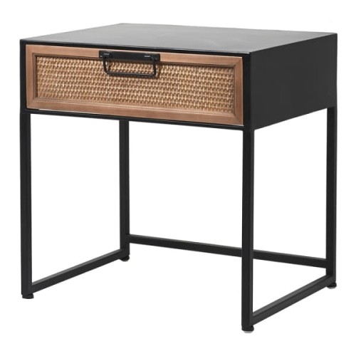 Taba Black Metal Bedside Table with Rattan Drawer 50 cm